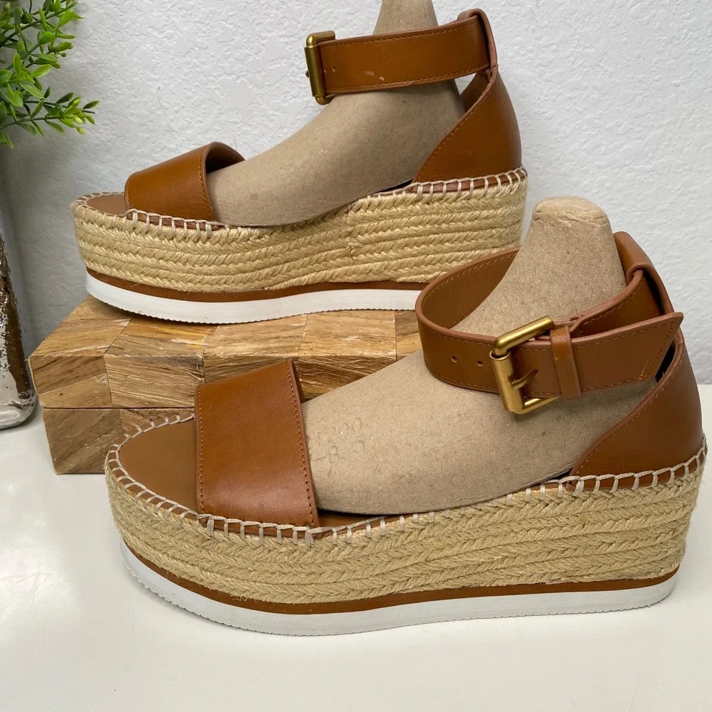 See by Chloe Glyn Calf‎ Leather Espadrille Platform Sandals Tan Size 8